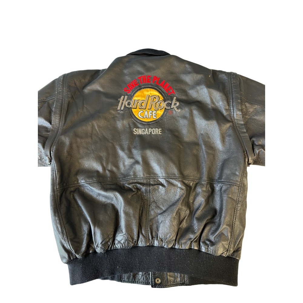 Hard Rock Cafe Singapore Vintage Leather Bomber Jacket Mens XL Black 90s KC